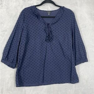 Talbots L‎ Popover Blouse Navy Cotton 3/4 Sleeve Textured Office Minimalist